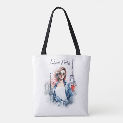 Watercolor Art I love Paris Eiffel Tower Travel Tote Bag