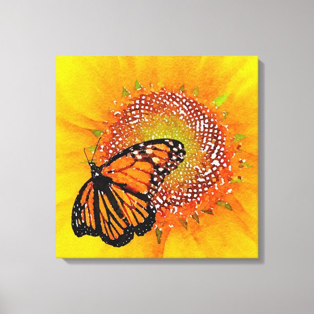 Watercolor Art Monarch Butterfly on Sunflower Canvas Print (Front)