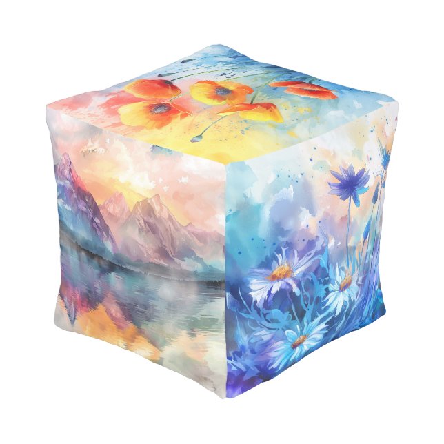Watercolor Art, Nature-Inspired Pouf (Angled Back)