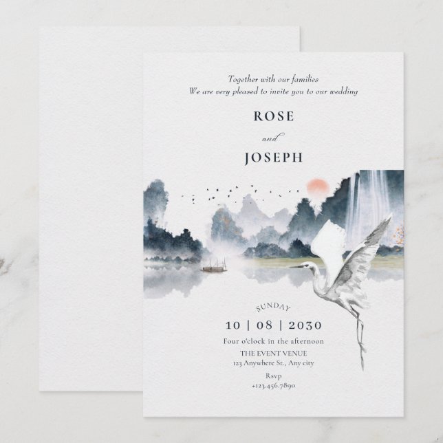 Watercolor art nature scenery wedding invitation (Front/Back)