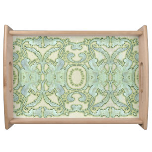 Watercolor Art Nouveau Leaf Swirl Pattern Blue Serving Tray