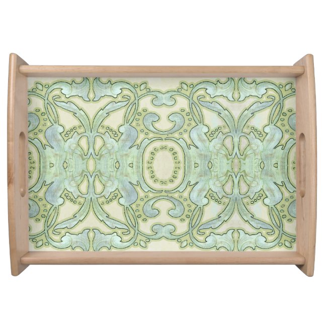 Watercolor Art Nouveau Leaf Swirl Pattern Blue Serving Tray (Front)