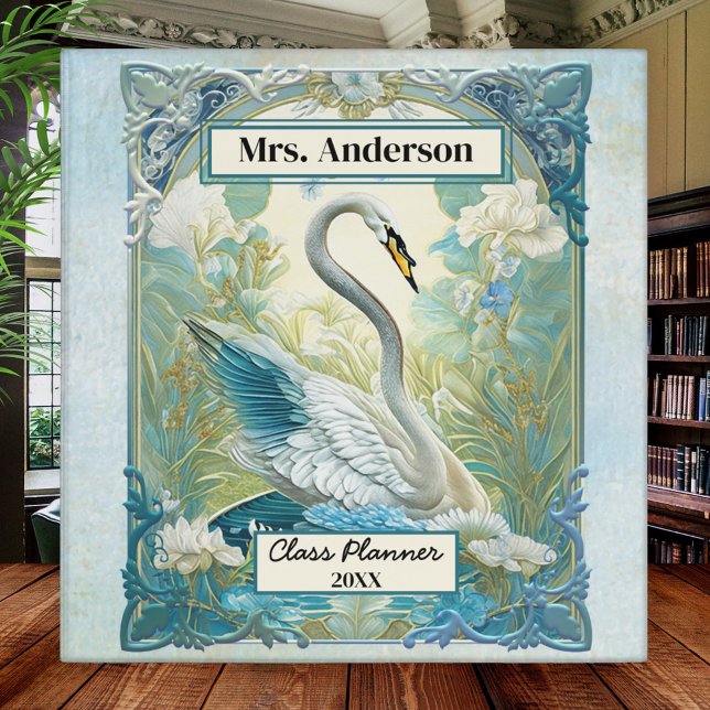 Watercolor Art Nouveau Swan Teacher Binder (Elegant binder featuring an art deco/art nouveau style swan illustration on a watercolor background)