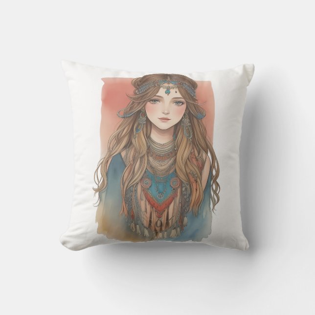 watercolor art of cute young girl throw pillow (Front)