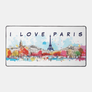 Watercolor Art of I love Paris Eiffel Tower Desk Mat