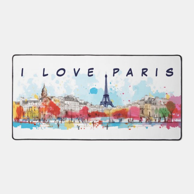 Watercolor Art of I love Paris Eiffel Tower  Desk Mat (Front)