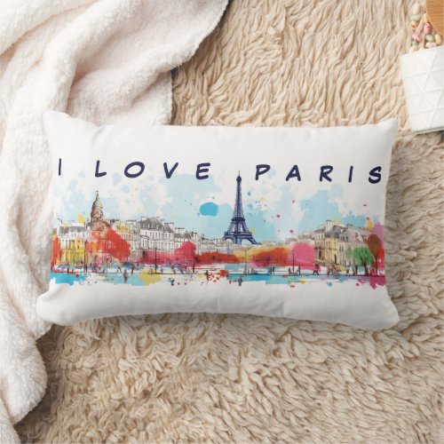 Watercolor Art of I love Paris Eiffel Tower Travel Lumbar Pillow