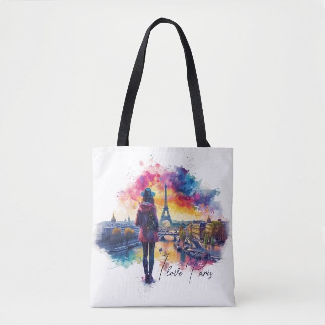 Watercolor Art of I love Paris Eiffel Tower Travel Tote Bag (Front)