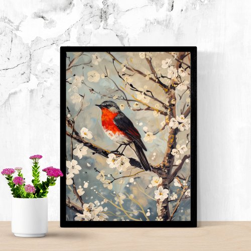 Watercolor Art Painted Bird in Tree White Flowers Poster
