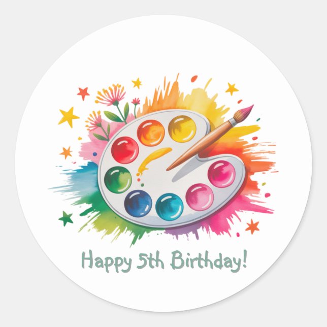 Watercolor Art Palette Age Birthday Party Classic Round Sticker (Front)