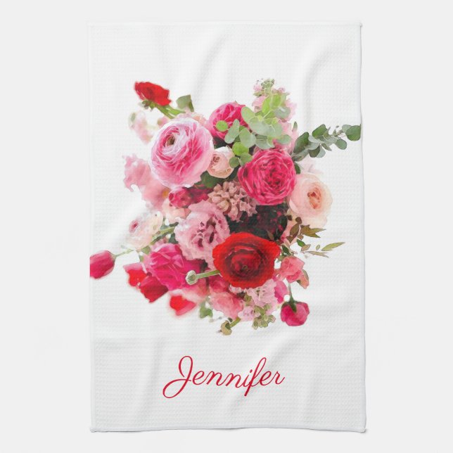 Watercolor Art Pink Red Roses Modern Personalized Kitchen Towel (Vertical)