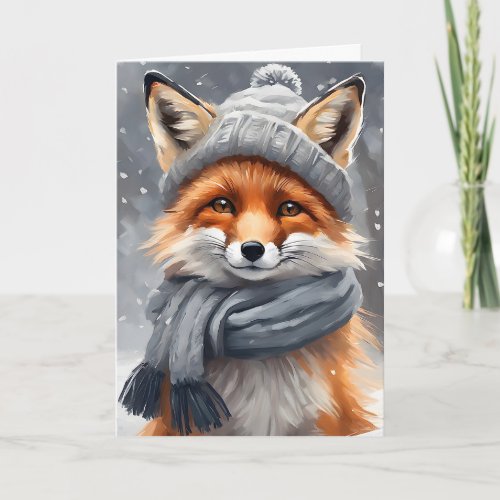 Watercolor Art Red Fox in Hat and Scarf Blank Card