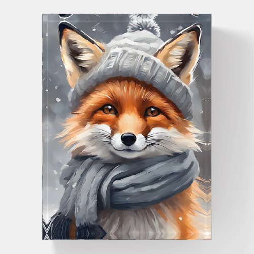 Watercolor Art Red Fox in Hat and Scarf Paperweight