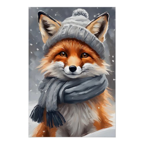Watercolor Art Red Fox in Hat and Scarf Poster