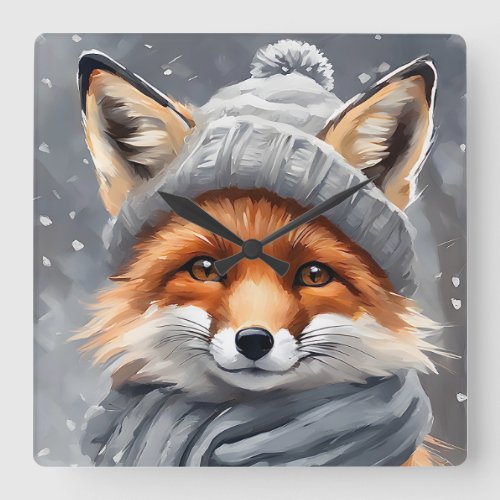 Watercolor Art Red Fox in Hat and Scarf Square Wall Clock