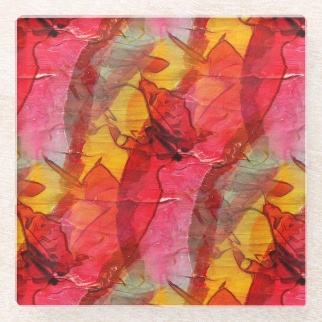 Watercolor art red yellow glass coaster (Front)