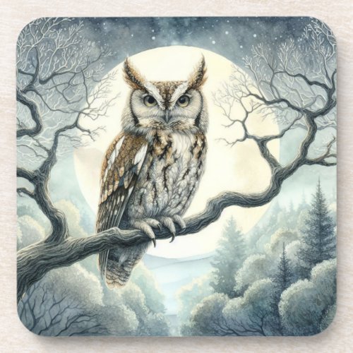 Watercolor Art Screech Owl Beverage Coaster