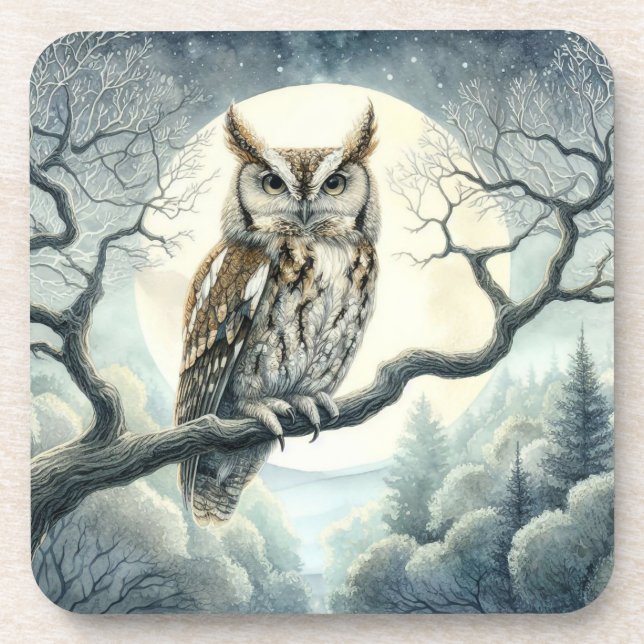 Watercolor Art Screech Owl Beverage Coaster (Front)