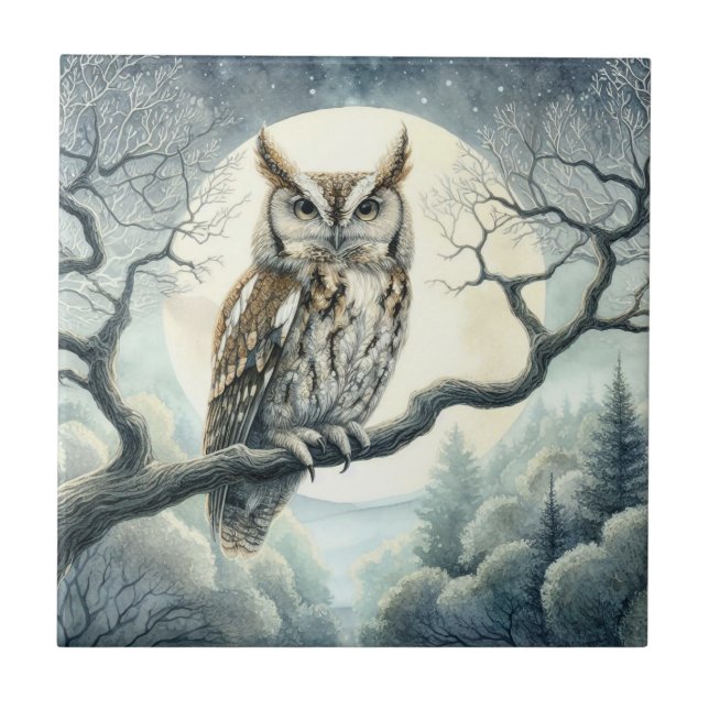 Watercolor Art Screech Owl Ceramic Tile (Front)