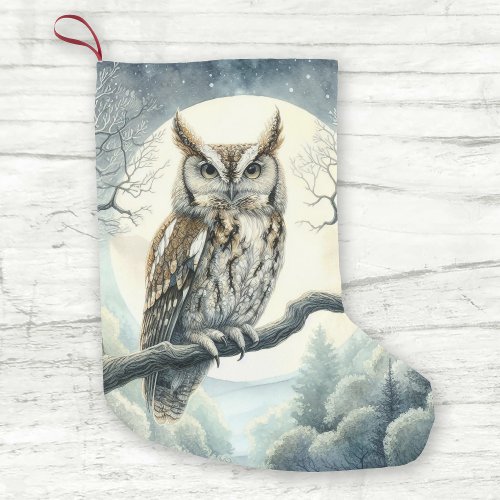 Watercolor Art Screech Owl Small Christmas Stocking