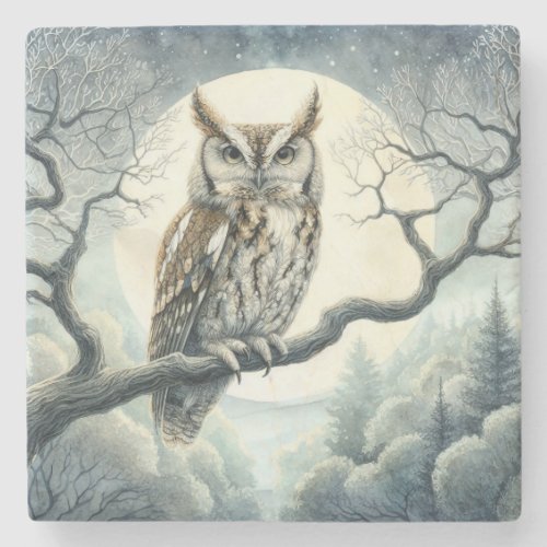 Watercolor Art Screech Owl Stone Coaster