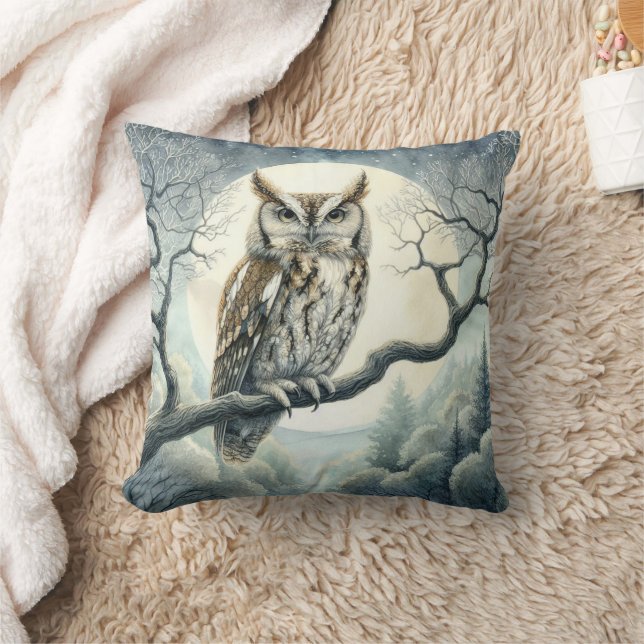 Watercolor Art Screech Owl Throw Pillow (Blanket)