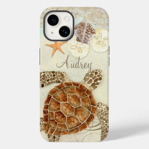 Watercolor Art Sea Turtle Coastal Beach Sea Shells Case_Mate iPhone 14 Case