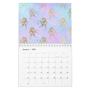 Watercolor Art Soft Colors Golden Unicorn Fantasy Calendar