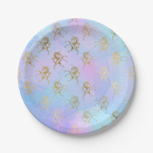 Watercolor Art Soft Colors Golden Unicorn Fantasy Paper Plates