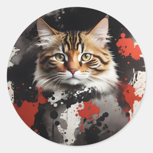 Watercolor Art Tabby Cat Black Red Splash Classic Round Sticker