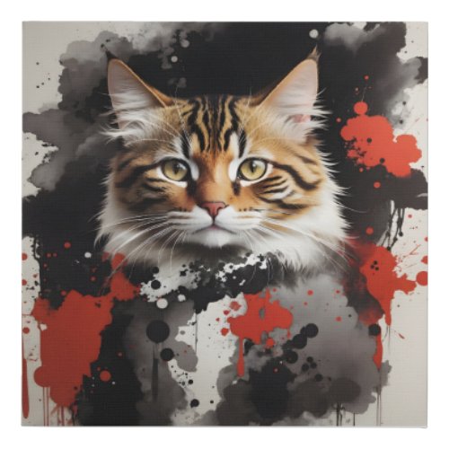 Watercolor Art Tabby Cat Splash Black Red  Faux Canvas Print