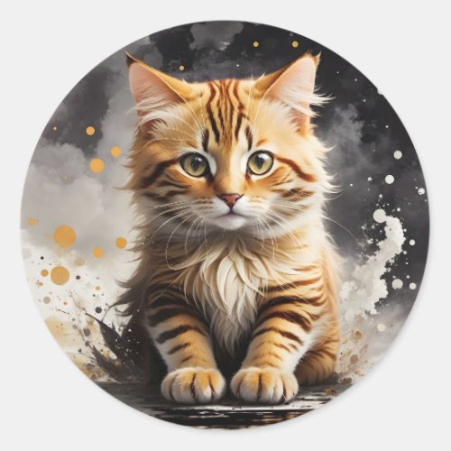 Watercolor Art Tabby Cat Splatter Splash  Classic Round Sticker