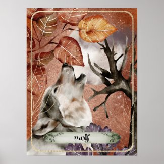 Watercolor Art Wolf Howling at Full Moon Nature 