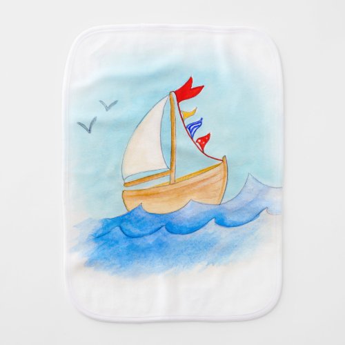 Watercolor art wooden boat sailing burp cloth