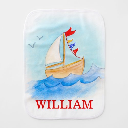 Watercolor art wooden boat sailing name burp cloth