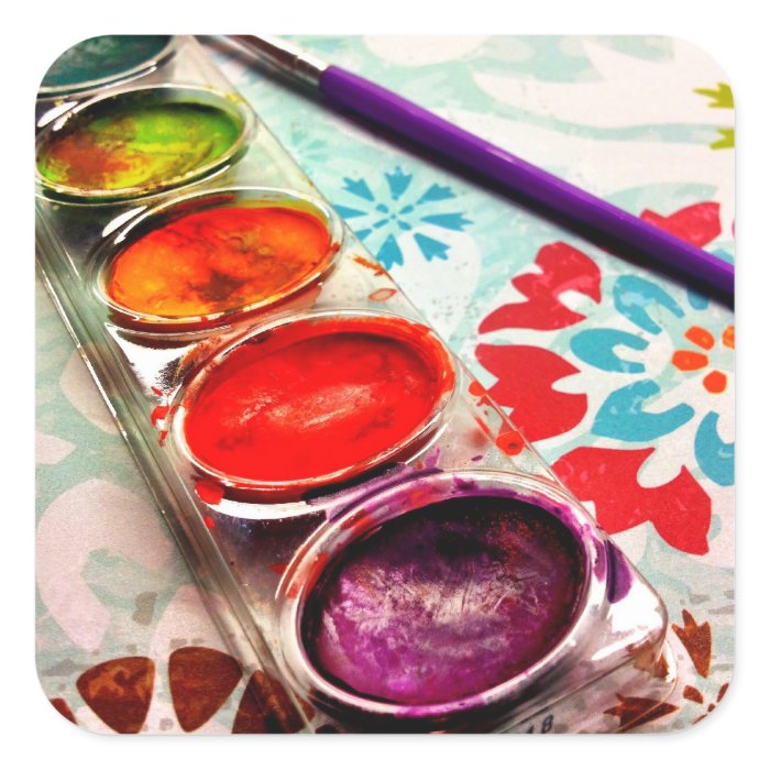 Watercolor Artist Paint Tray and Brush on Flowers Stickers