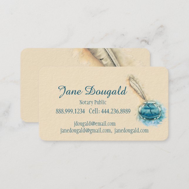 Watercolor Artistic  Feather Pen Classic Notary Business Card (Front/Back)
