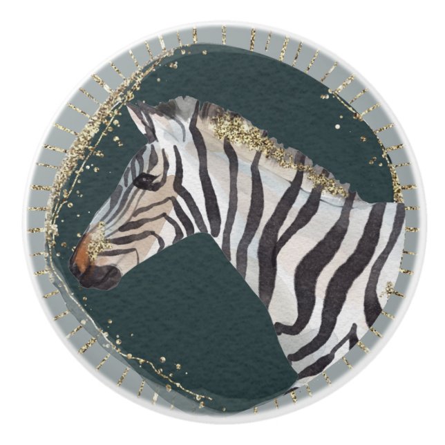 Watercolor Artistic Green Gold Natural Zebra Art Ceramic Knob (Front)