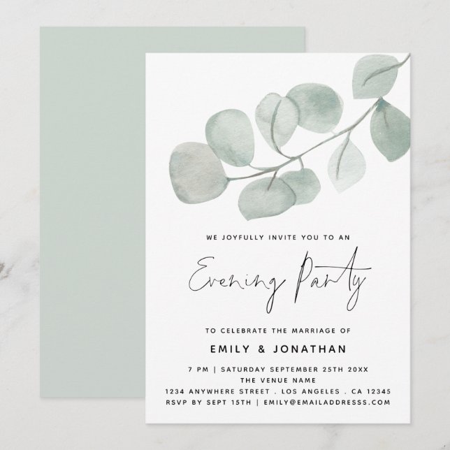 Watercolor Artsy Eucalyptus Wedding Evening Party Invitation (Front/Back)