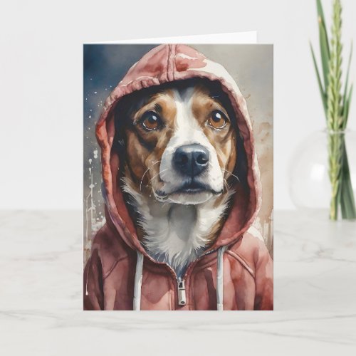 Watercolor Artwork Brown and White Dog in Hoodie  Card