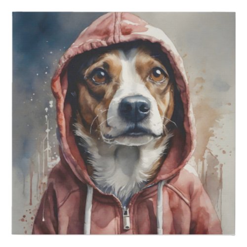Watercolor Artwork Brown and White Dog in Hoodie  Faux Canvas Print