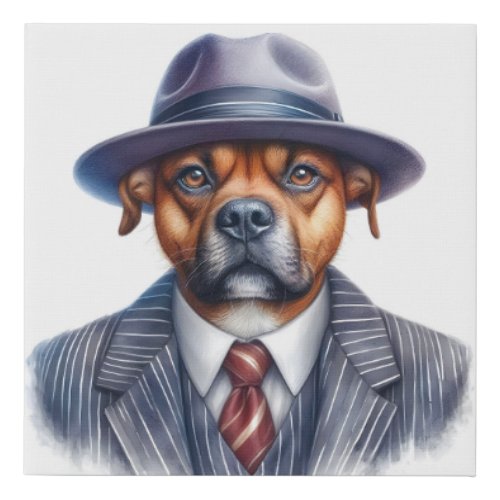 Watercolor Artwork Brown Dog Gangster Suit Faux Canvas Print