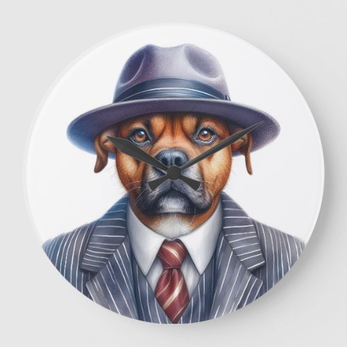 Watercolor Artwork Brown Dog Gangster Suit Large Clock