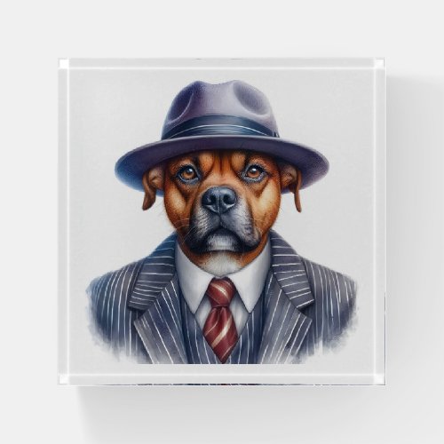 Watercolor Artwork Brown Dog Gangster Suit Paperweight