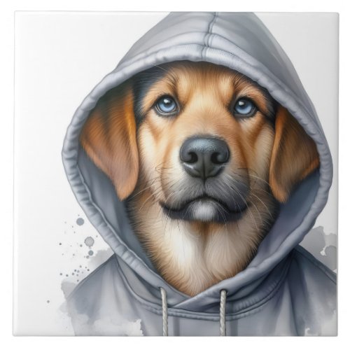 Watercolor Artwork Brown Dog in a Hoodie  Ceramic Tile