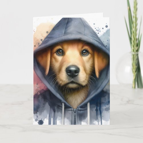 Watercolor Artwork Brown Dog in a Hoodie Splatter Card