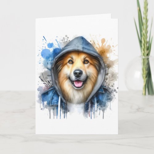 Watercolor Artwork Brown Dog in a Hoodie Splatter Card