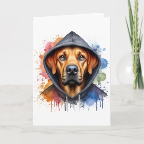 Watercolor Artwork Brown Dog in a Hoodie Splatter Card