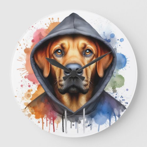 Watercolor Artwork Brown Dog in a Hoodie Splatter Large Clock