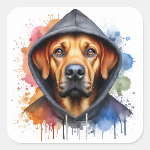 Watercolor Artwork Brown Dog in a Hoodie Splatter Square Sticker